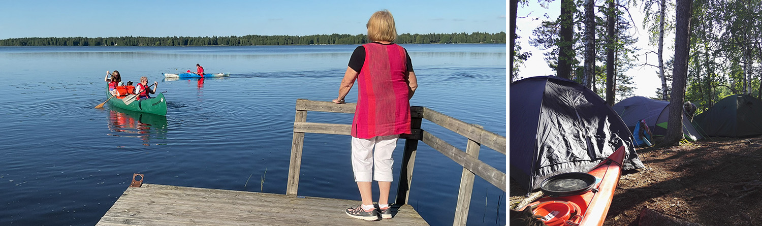 Koostekuva, melojia järvellä ja telttoja.
