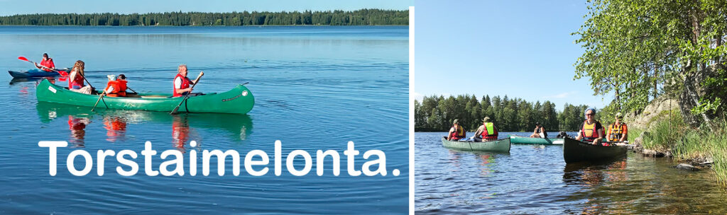 Torstaimelonta. Kahdessa kuvassa melojia järvellä