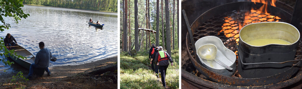 Kolme kuvaa; melojat vesillä, kävelevät metsässä ja keitto valmistuu nuotiolla