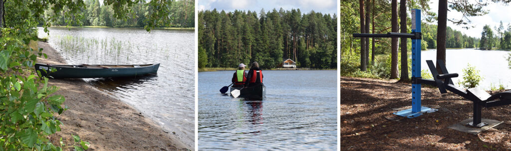 Kolme maisemakuvaa Kukkarojärveltä. Kanootteja, vettä ja metsää.